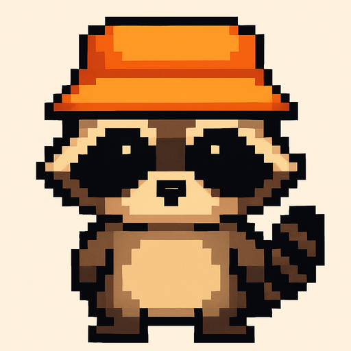 mapache de pixeles con sombrero pesquero.
In-Game asset.  2d.  High contrast.  No shadows