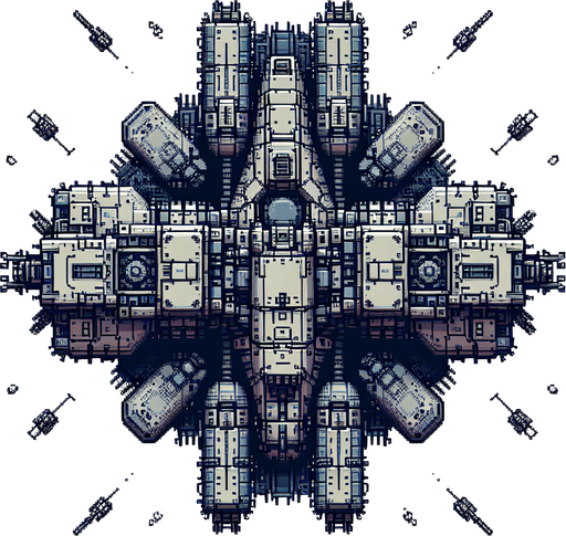 Космолет с оружием и видом с верху.
Single Game Texture. In-Game asset. 2d. Blank background. High contrast. No shadows.