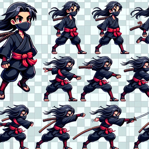 "Create a sprite sheet of a cartoon ninja running. The ninja should be wearing a black outfit with a red sash and a determined facial expression. The sprite sheet should include multiple frames to show the ninja in various stages of the running cycle, with alternating leg and arm positions. The background should be transparent.".
Style: Cartoon style, with clean lines and vibrant colors.
Character Design:
Outfit: Black ninja gi (traditional uniform) with a red sash tied around the waist.
Head: Black mask covering the lower face, revealing expressive eyes.
Hair: (Optional) If the ninja has hair, it should be flowing back in the wind as they run.
Weapon: The ninja should be carrying a weapon (sword or staff) in their hand. The weapon should also be animated to show movement as the ninja runs.
Running Animation:
Number of Frames: At least 4-6 frames for a smooth animation cycle.
Poses: Varying leg and arm positions to create a sense of movement and dynamism. Consider poses with one leg extended forward, the other back, and arms swinging in opposite directions.
Details: Pay attention to details like the flow of the clothing and the movement of the hair (if applicable) to enhance the realism of the animation.
Background: Transparent background for easy integration into the game.
Resolution: Specify a resolution that is appropriate for your game's scale and the desired level of detail (e.g., 128x128 pixels or 256x256 pixels per frame).