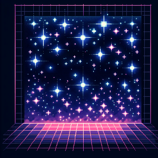 A pixel style neon night sky, with starts, background.
Single Game Texture.  In-Game asset.  2d.  Blank background.  High contrast.  No shadows