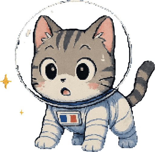 A cute kitten, illustrated in an adorable chibi anime style and wearing an astronaut suit, stands on all fours in outer space with a wide-eyed, surprised expression. Its body is slightly tense, as if it just saw something unexpected.