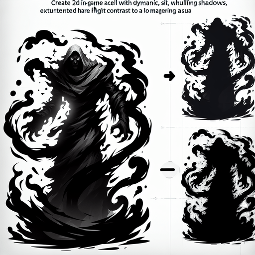 A figure fully merged with swirling, dynamic shadows, looking menacing..
Single Game Texture.  In-Game asset.  2d.  Blank background.  High contrast.  No shadows