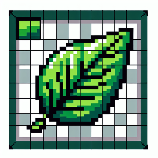 pixel art green leaf.
Single Game Texture.  In-Game asset.  2d.  Blank background.  High contrast.  No shadows