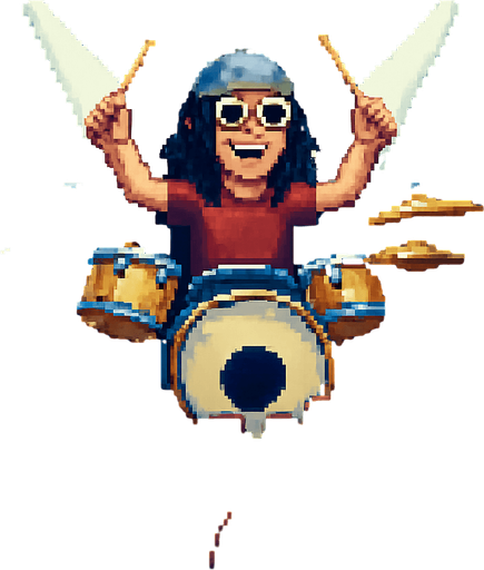 Add pixel cool crazy drummer, with glasses and gray bandana, red tshirt, long black hair, playing drums