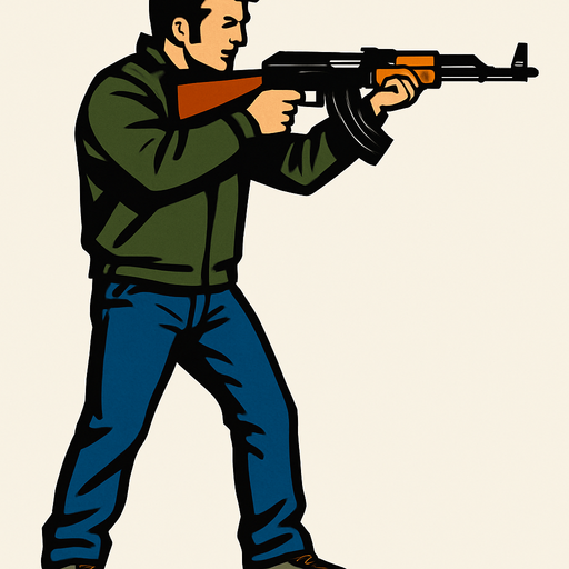 claude speed de gta 3 apuntando con una ak47 desde una perspectiva lateral de cuerpo completo
In-Game asset.  2d.  High contrast.  No shadows