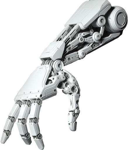 a  futuristic white robot arm. horizontal direction. the index finger pointing to the left. Single Game Texture. No background. High contrast. No shadows.