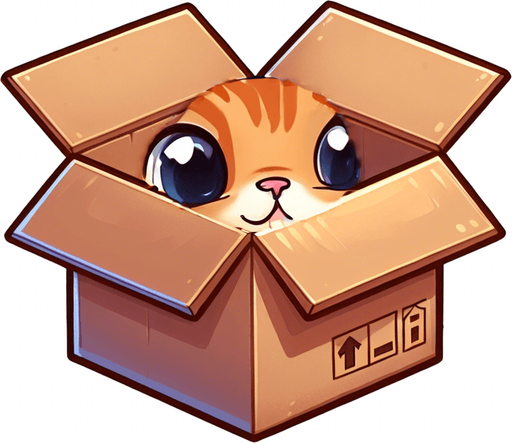 cute Chibi ginger cat look from the box into the camera. Cheeky, happy. Big eyes looking into camera