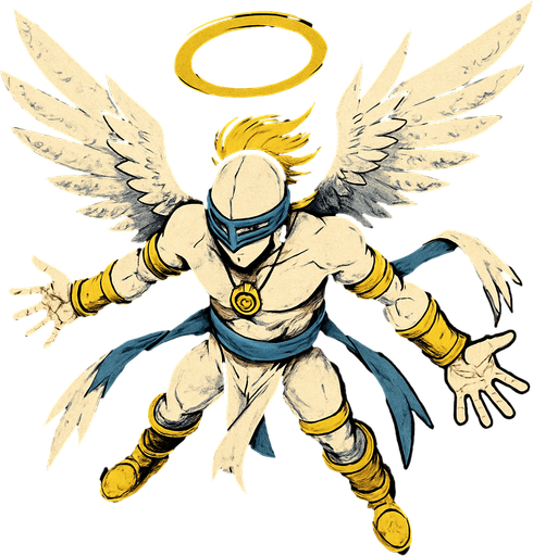 Angemon, visto desde arriba, calidad y detalles altamente épicos..
In-Game asset.  2d.  High contrast.  No shadows