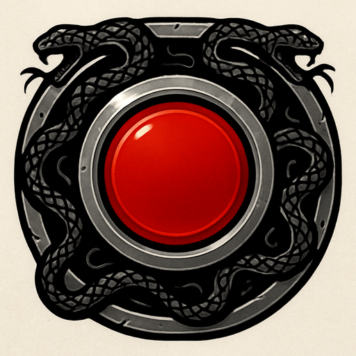 Metallic button frame, black snake patterns around, red middle of the button, metal gray frame.
In-Game asset.  2d.  High contrast.  No shadows