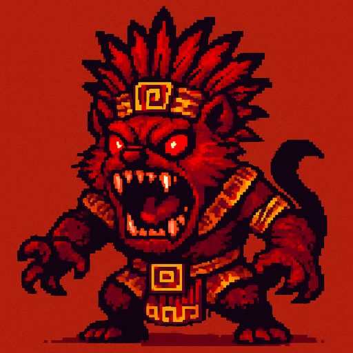 Genérame una Demonio de Tasmnia guerrero azteca con eso patrones, estilo pixelar, con una apariencia maligna, ojos rojos, rabioso. POderes, super rojo y rabioso, como un ejfe final. Animal. No tiene arams solo una gran y poderosa mordida.
In-Game asset.  2d.  High contrast.  No shadows