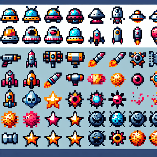 Spritesheet, modern, mobile game, cute, fun. Colorful. Including spaceships, UFOs, Guns, Boosters, Powerups, Asteroids, Boss...
In-Game asset. 2d. Blank background. High contrast. No shadows.