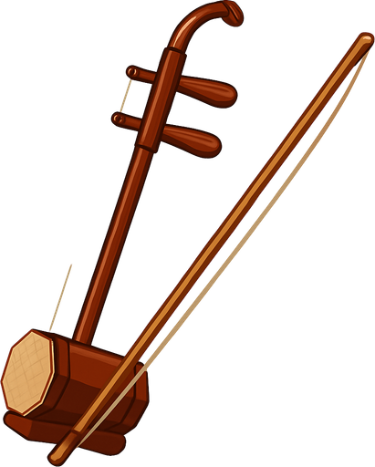 A clean 2D illustration of a traditional Chinese erhu string instrument, showing the bow and curved neck. Stylized with soft shadows, light highlights, and a transparent rounded background for use in educational games..
In-Game asset.  2d.  High contrast.  No shadows