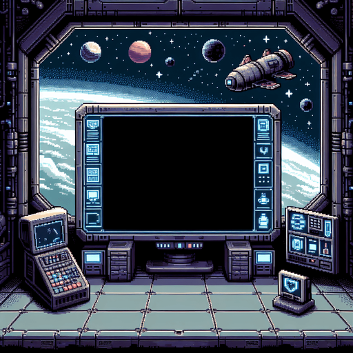 Pixelart. A background window for an in-game shop, with a space theme. The center part should be a large blank area with space for the items and labels for sale in the game shop. The blank space could have the form of a black computer screen inside a spaceship..
Single Game Texture. In-Game asset. 2d. Blank background. High contrast. No shadows.