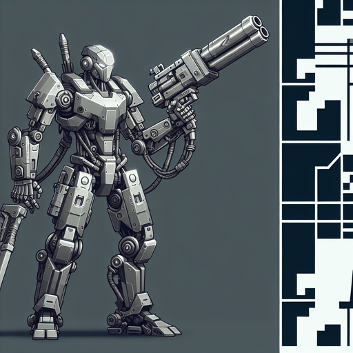 a gray transformer with a gun as one of his hands.
Single Game Texture.  In-Game asset.  2d.  Blank background.  High contrast.  No shadows