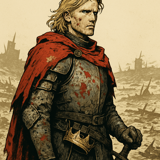 A young prince in a tattered royal cloak, wearing armor half-covered in mud and blood. Male, 31 years old, tall and proud despite exile, with golden blond hair to his shoulders, piercing blue eyes, and fair skin hardened by years of hardship. A broken crown hangs from his belt. He stares out over a ruined battlefield with determination. Realistic, highly detailed, noble tragic style. realistic.
In-Game asset.  2d.  High contrast.  No shadows