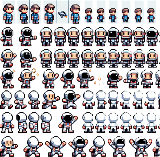 pixelart. A spritesheet containing a number of different views of tiny astronauts in various poses and views, some facing to the sie, some to the front, some with one arme raised, some in midjump, some waving. All with heltmets on. Sprites should be laid out in a rectangular grid with empty space betweem them..
Single Game Texture. In-Game asset. 2d. Blank background. High contrast. No shadows.