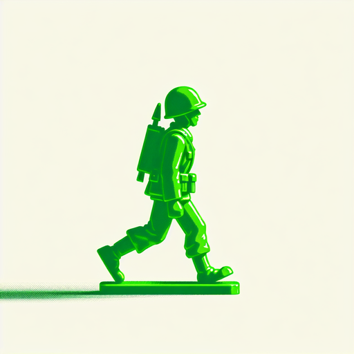 Profil view of a little green soldier toy, walking. no background . no floor. In-Game asset. 2d. Blank background. High contrast. No shadows.