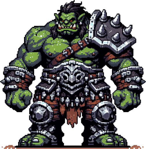 create me a big furious goblin with armor 2d and pixel.
Single Game Texture. In-Game asset. 2d. Blank background. High contrast. No shadows.