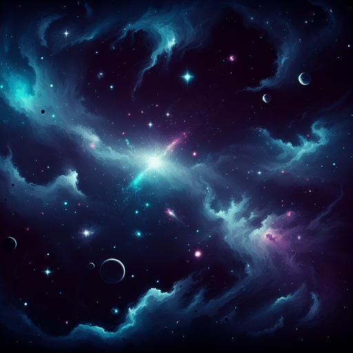 A vibrant and dynamic 2D space background for a top-down space shooter game. The scene features a deep, dark space filled with glowing nebulae in shades of blue and purple, scattered distant stars, and swirling cosmic dust. A subtle parallax effect is suggested with faintly glowing planets and asteroids in the background. The atmosphere is slightly mysterious and futuristic, with soft light gradients to create depth. The overall tone is immersive but does not distract from gameplay, ensuring clear visibility of player and enemy ships..
Single Game Texture.  Blank background.  High contrast.  No shadows