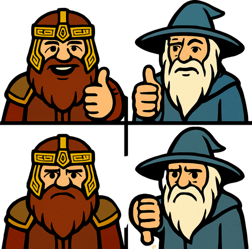 Divide the screen by 4. Every 4 frames, there is characters. Left side 2 frames, there is Gimli and Gandalf. They are smiling and one hand make thumb up. Right side 2 frames same Gimli and Gandalf here but they are sad and one hand make thumb down. In-Game asset. 2d. High contrast. No shadows.
In-Game asset.  2d.  High contrast.  No shadows