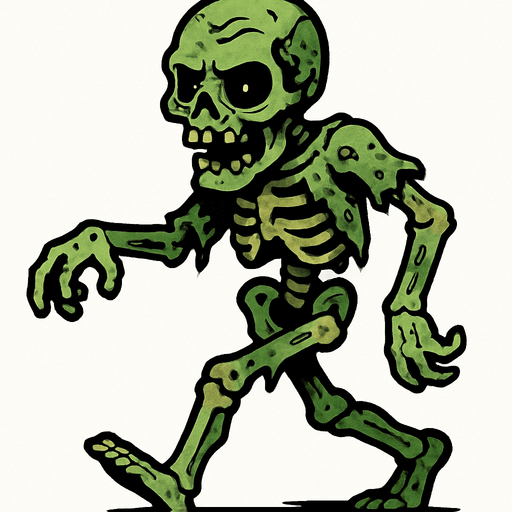 Esqueleto zombi en cuerpo completo caminando.
In-Game asset.  2d.  High contrast.  No shadows