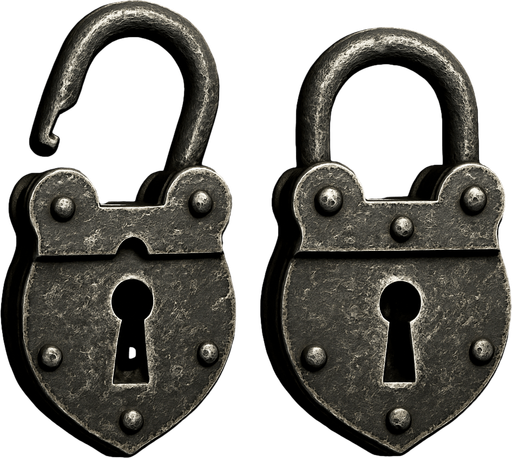 Old metal lock opened and closed.
In-Game asset.  3d.  High contrast.  No shadows