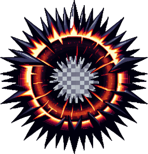 A single spiky rotating obstacle designed in pixel art style. Dark red color with glowing orange edges to create urgency. The obstacle is circular with sharp edges, slightly animated to spin or pulse. Made to look dangerous but simple, ideal for a fast-paced jump-and-dodge arcade game. Transparent background..
Single Game Texture.  In-Game asset.  2d.  Blank background.  High contrast.  No shadows