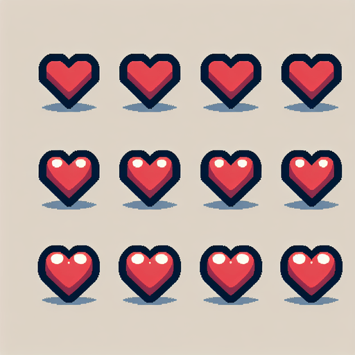 A sprite sheet of heart containers. 
Single Game Texture. In-Game asset. 2d. Blank background. High contrast. No shadows.