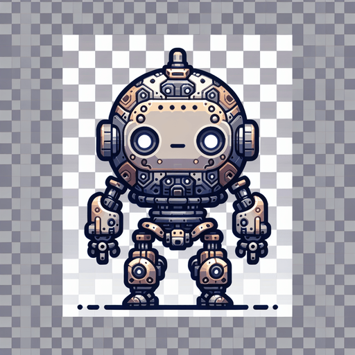 a cute robot. Transparent background..
Single Game Texture. In-Game asset. 2d. Blank background. High contrast. No shadows.