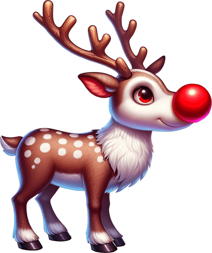 Rudolf the adult rednose Raindeer in a full side viewed position Single Game Texture. In-Game asset. 2d. Blank background. High contrast. No shadows.