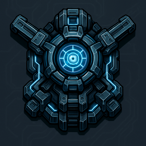 top-down view, futuristic digital defense turret, heavy energy core, metallic cyberpunk style, blue glowing lines, anti-virus cannon.
In-Game asset.  2d.  High contrast.  No shadows