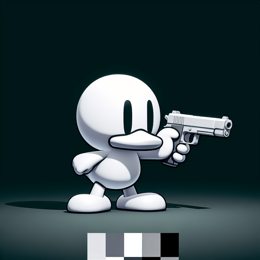 Белая мультяшная утка держит ружье и направляет в экран..
Single Game Texture. In-Game asset. 2d. Blank background. High contrast. No shadows.