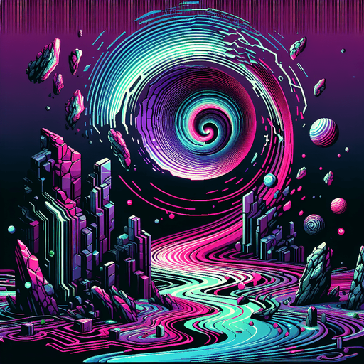 Backdrop: A warped reality scene with twisting, fragmented terrain and a swirling vortex in the background.

Colors: Deep purples, neon pinks, and electric greens.

Details: Fractured floating rocks and glitch-like patterns..
Single Game Texture. In-Game asset. 2d. Blank background. High contrast. No shadows.