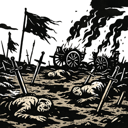 A war-torn battlefield with broken swords and burning wagons, muddy bloodstained ground, corpses under grey skies, banners torn and forgotten, realistic.
In-Game asset.  2d.  High contrast.  No shadows