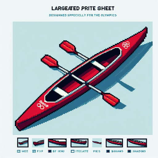 sprite sheet for an olympic red large width canoe. bird-eye view. pixelated..
Single Game Texture. In-Game asset. 2d. Blank background. High contrast. No shadows.