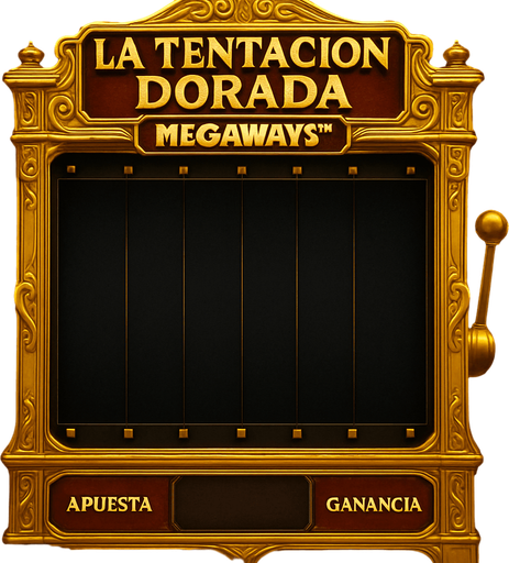 Crea un asset visual completo para una máquina tragamonedas estilo Megaways, coherente con 'La Tentación Dorada'.

Diseño Central Megaways:

Rodillos Dinámicos: Muestra una configuración de 6 rodillos verticales, donde la altura de cada rodillo puede variar de forma dinámica (mostrando entre 2 y 7 símbolos por rodillo). Esto debe ser visualmente aparente, quizás con indicadores de símbolos en la parte superior/inferior de cada rodillo (necesito que dejes un hueco en la maquina para que yo ponga los 6 rodillos/slots).

Estilo y Temática:

Opulencia: Marco de la máquina lujoso, dorado, con detalles intrincados, similar a la tragamonedas principal.

Fondo de Rodillos: Oscuro y elegante (negro, azul noche), para resaltar los símbolos.