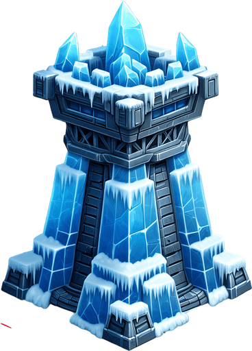 A turret tower built of iceblocks. Front view perspective. Single Game Texture. In-Game asset. 2d. Blank background. High contrast. No shadows.