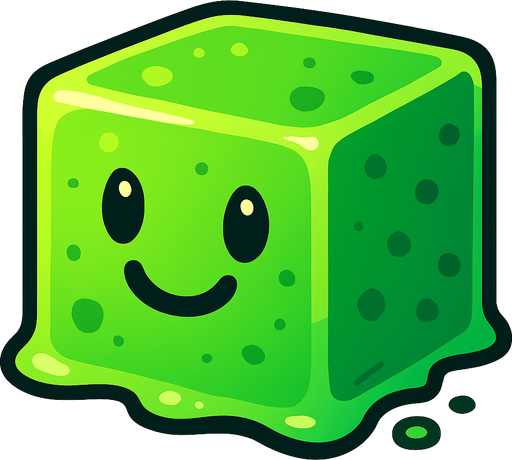 Cubo de slime con cara feliz.
In-Game asset.  2d.  High contrast.  No shadows