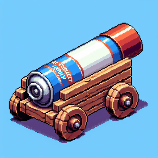 Genera un tipo de aerosol contra insectos que este acostado sobre dos pedazos de madera, como si fuese un cañon, tomalo de perfil mirando a la deracha y hazlo en pixel art.
Single Game Texture.  In-Game asset.  2d.  Blank background.  High contrast.  No shadows