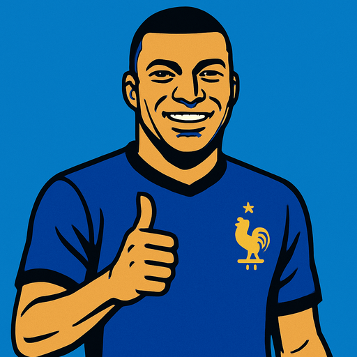 Kylian Mbappé wıth france futboll tshirt makıng thumbsup.
In-Game asset.  2d.  High contrast.  No shadows