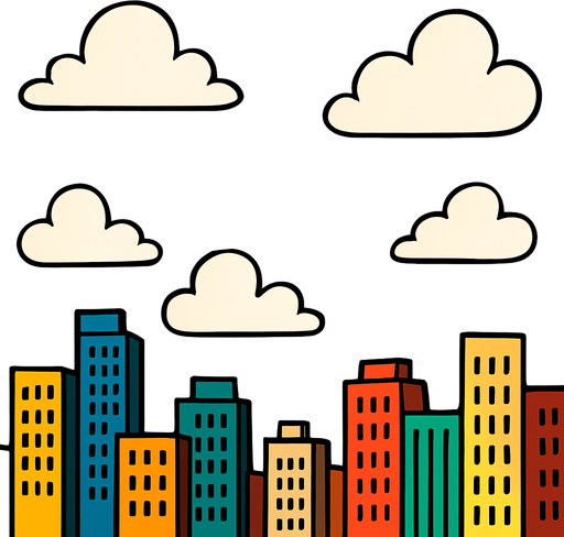 fondo de caricatura 2d, en la parte de abajo se vea edificios de ciudad y el 70% que sea del cielo.
In-Game asset.  2d.  High contrast.  No shadows