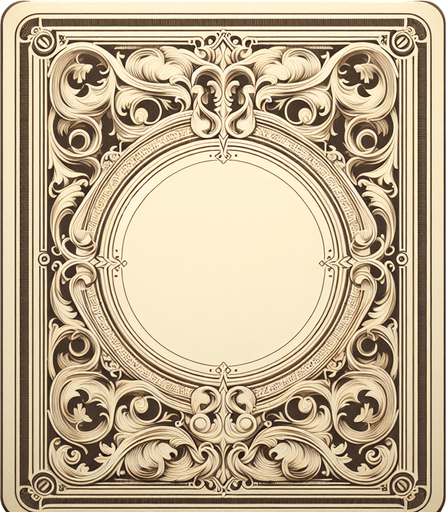 The face of a card. The card center is blank, with a antique cream background. The card is framed with an ornate design..
Single Game Texture. In-Game asset. 2d. Blank background. High contrast. No shadows.