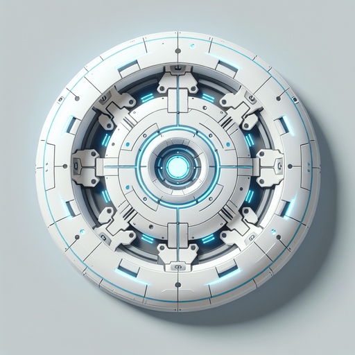 Battle drone, circular. White with blue glowing highlights. Birds Eye view from overhead. Cyberpunk. Simple shapes..
Single Game Texture. In-Game asset. 2d. Blank background. High contrast. No shadows.