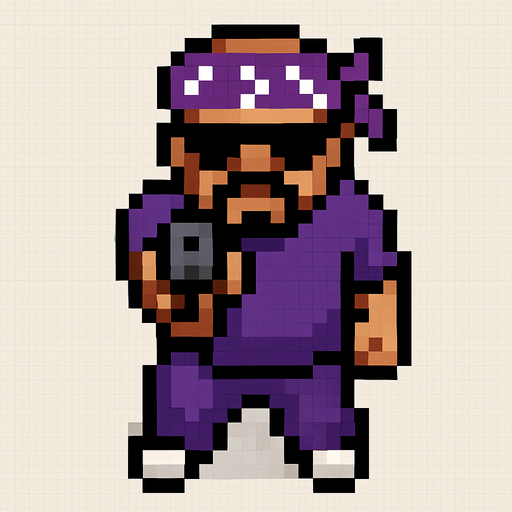 pandillero de morado hecho con pixeles con perspectiva desde arriba visto de frente apuntando hacia enfrente con un arma
In-Game asset.  2d.  High contrast.  No shadows