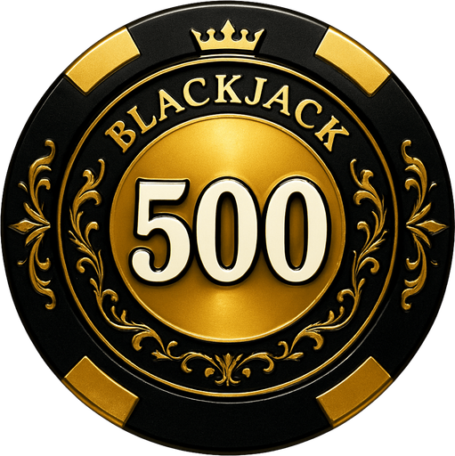 Crea un asset para una ficha de casino de $500 para Blackjack.
Color Principal: Un color muy distintivo y premium, como un dorado sólido y brillante, un plateado metálico o un negro azabache con un brillo iridiscente.
Borde/Detalles: Un borde más grueso y prominente en un color que contraste fuertemente (ej., negro sobre dorado, dorado sobre negro), y quizás un patrón de filigrana más elaborado o un diseño de corona/estrella discreto.
Valor: El número '500' grande y claro en el centro, en un color que destaque (ej., blanco, negro, o un color metálico si el fondo es oscuro), con una tipografía de casino audaz y elegante.
Estilo: Extremadamente lujoso y premium, debe ser la ficha más impresionante visualmente, coherente con 'La Tentación Dorada'.
Efectos: Un brillo intenso o reflejos que sugieran un material de altísima calidad.
Fondo: Transparente (solo la ficha)." que el texto de blackjack este aarriba.
In-Game asset.  2d.  High contrast.  No shadows