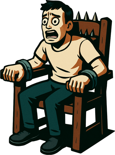 a person in site position chair and scared and his hands on the to woods of the chair (torturing chair) tied similar to saw room scene
In-Game asset.  High contrast.  No shadows. 3D