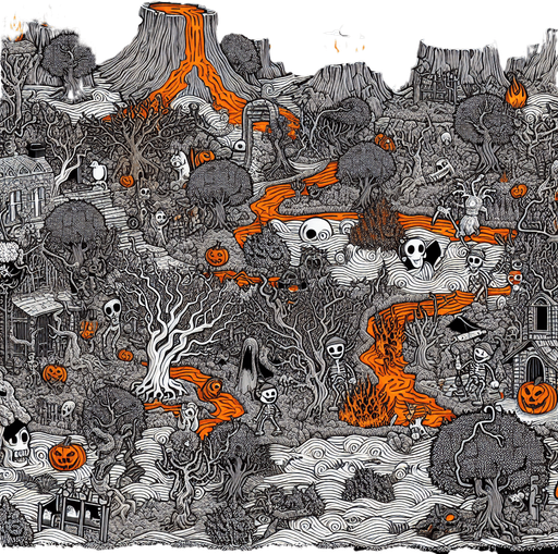 Generate a high quality cartoon background Halloween image on a black canvas similar to the format of where is waldo with a hellish environment.
Single Game Texture. In-Game asset. 2d. Blank background. High contrast. No shadows.