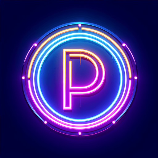 neon circle with a 'p'.
Single Game Texture.  In-Game asset.  2d.  Blank background.  High contrast.  No shadows