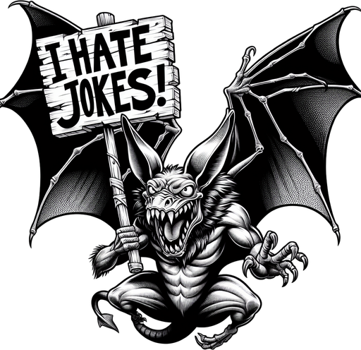 A bat holding a sign that says I Hate Jokes!.
Single Game Texture.  In-Game asset.  2d.  Blank background.  High contrast.  No shadows