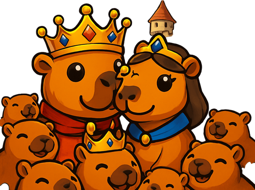 Utilizando este ejemplo. Hay un castillo al fondo. Al frente esta el rey capybara y la reina capybara tranquilos y los capibaras habitantes estan rodeandolos felices. Elimina el cañon de detras. Agrega el titulo de juego en la parte superior: Capybara Castle.
In-Game asset.  2d.  High contrast.